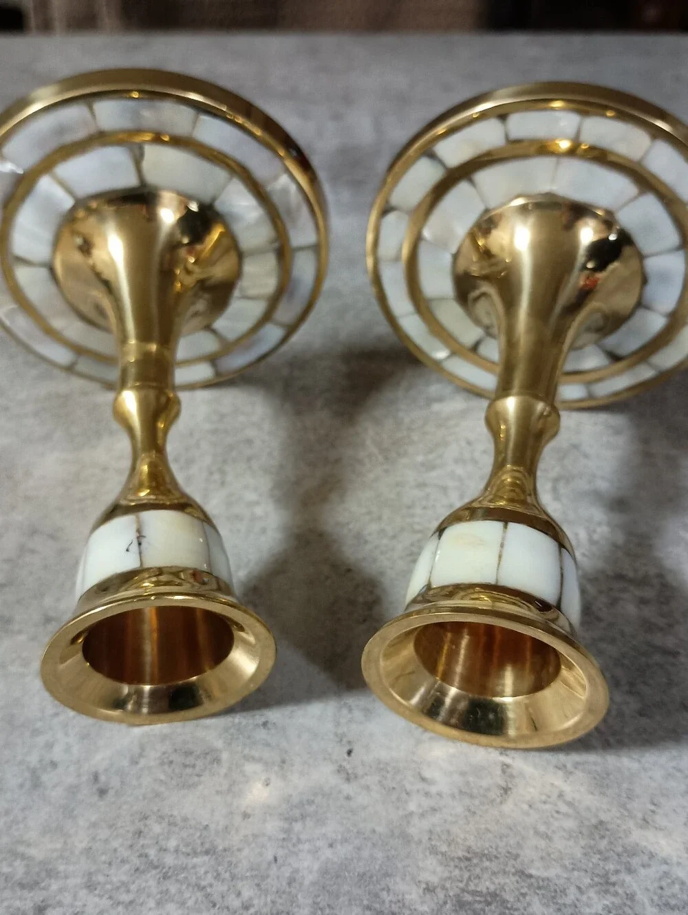 Brass and White Inlaid Candle Holders - Elegant Home Accent